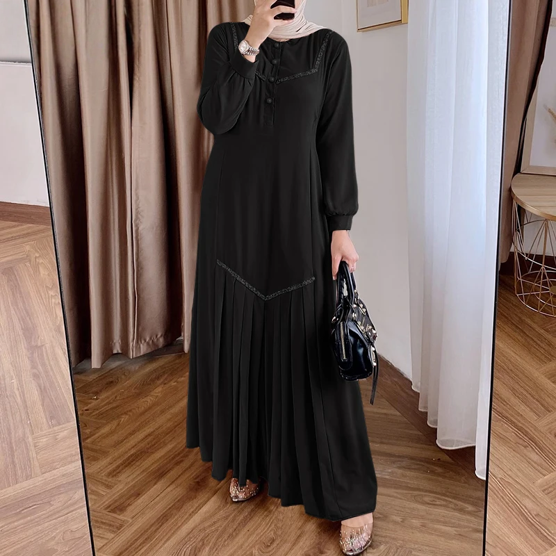 Dress Elegant Women Maxi Dresses Fashion Long Lantern Sleeve Robe Pleated Sundress IsIamic Clothing