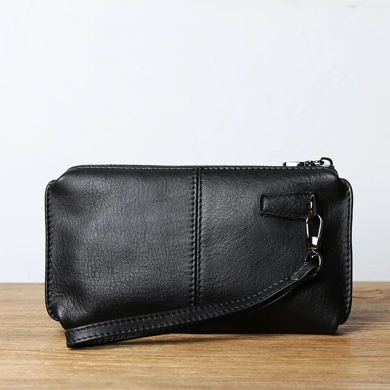 Leather Leisure  With Long Purse, Soft Leather, Hand Zipper, Money Chuck Layer, Cowhide Credit Card Bag, Cell Phone Bag