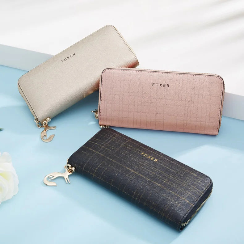 FOXER Women Split Leather Wallet Bifold Clutch Bag with Wristlet Fashion Card Holder Coin Purse Cellphone Bag Female Money Bag