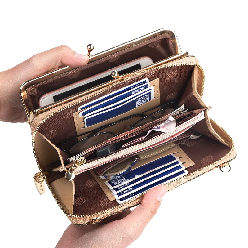 Fashion New Women Wallets Wood Grain Chain Long High Quality Phone Holder Classic Female Purse Zipper Wallet Mini Shoulder Bag