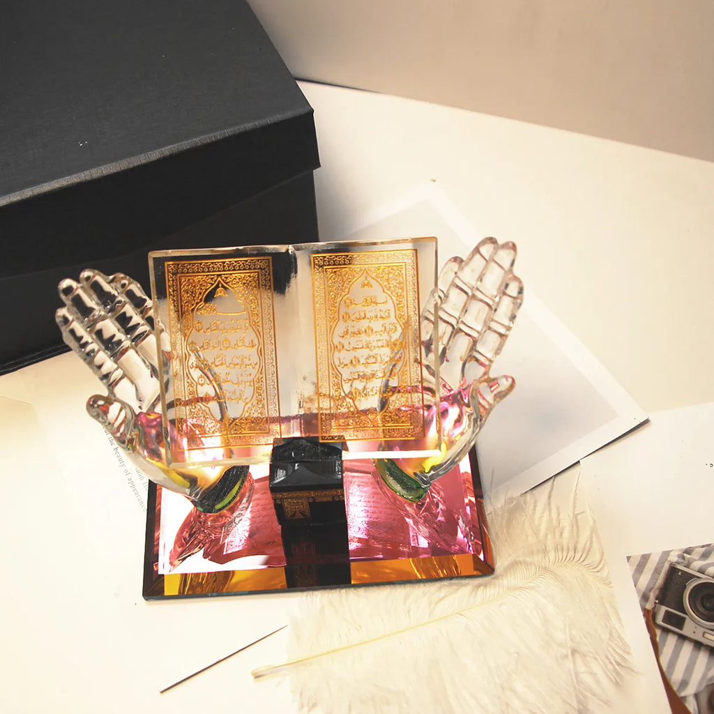 Muslim Crystal Ornament, Crystal Gilded Kaaba Hand Holding Book Model for Home Office Table Vehicle Decor Souvenirs  Eid Gift