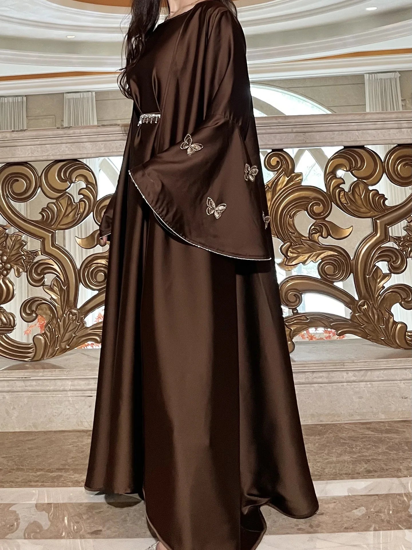 Muslim Women Abaya Dress 2 Piece Set Butterfly Satin Lace-up Morocco Caftan Inner Dress Musulman Ensembles Cadigan Outfit Suits