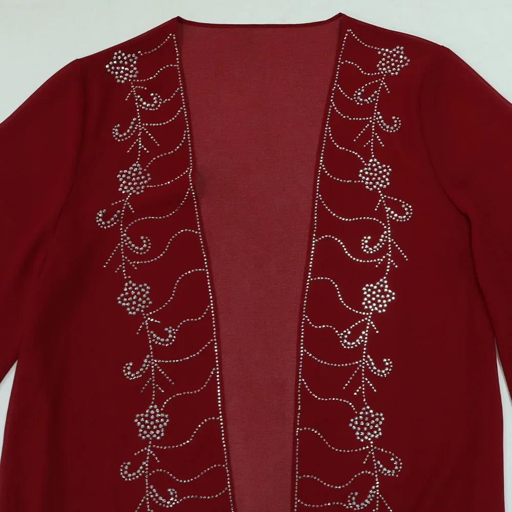 Muslim Set Dress Women Four-season Commute Muslim Set Fashion Party Dubai Turkey Long Sleeve Chiffon Cardigan Dress and Vest 2ps