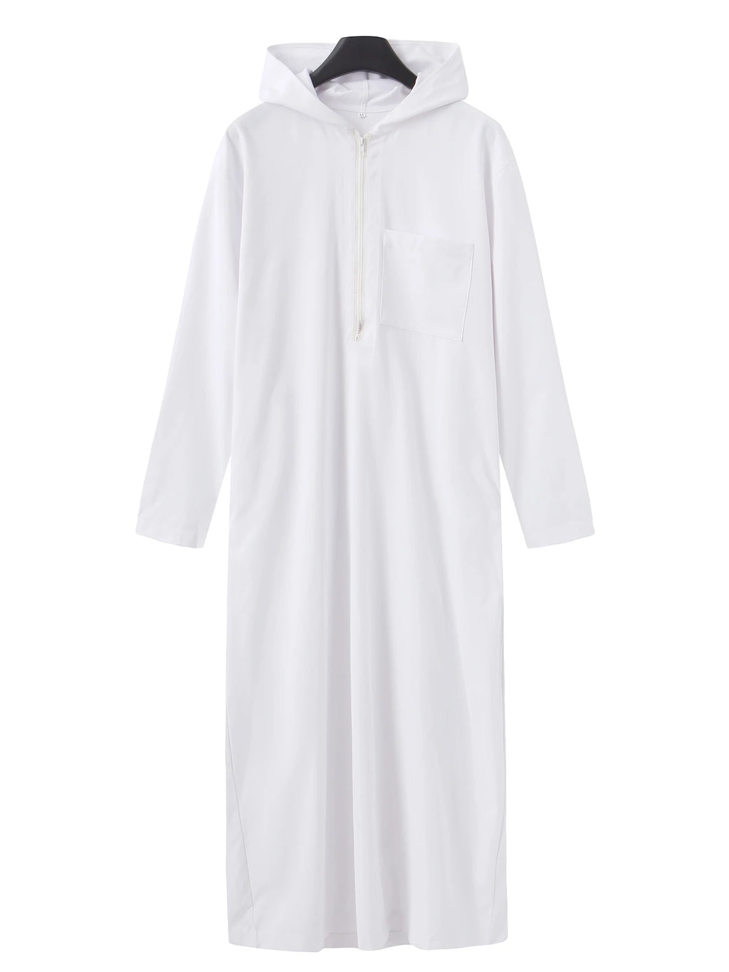 Muslim Men's Solid Color Hooded Zipper Thobe Long-Sleeved White Simple Islamic Arabic Ethnic Style Robe for Adult Party