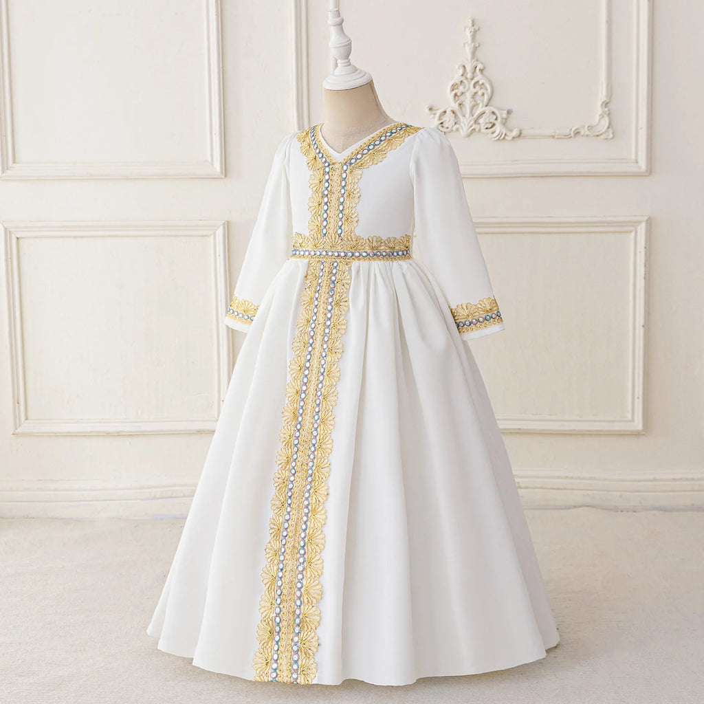 Middle Eastern Arabian Kids Robe Splice Embroidered Belt Dress Muslim Long Sleeve Abayas Dubai Islam Girls Lace Dress Party Gown