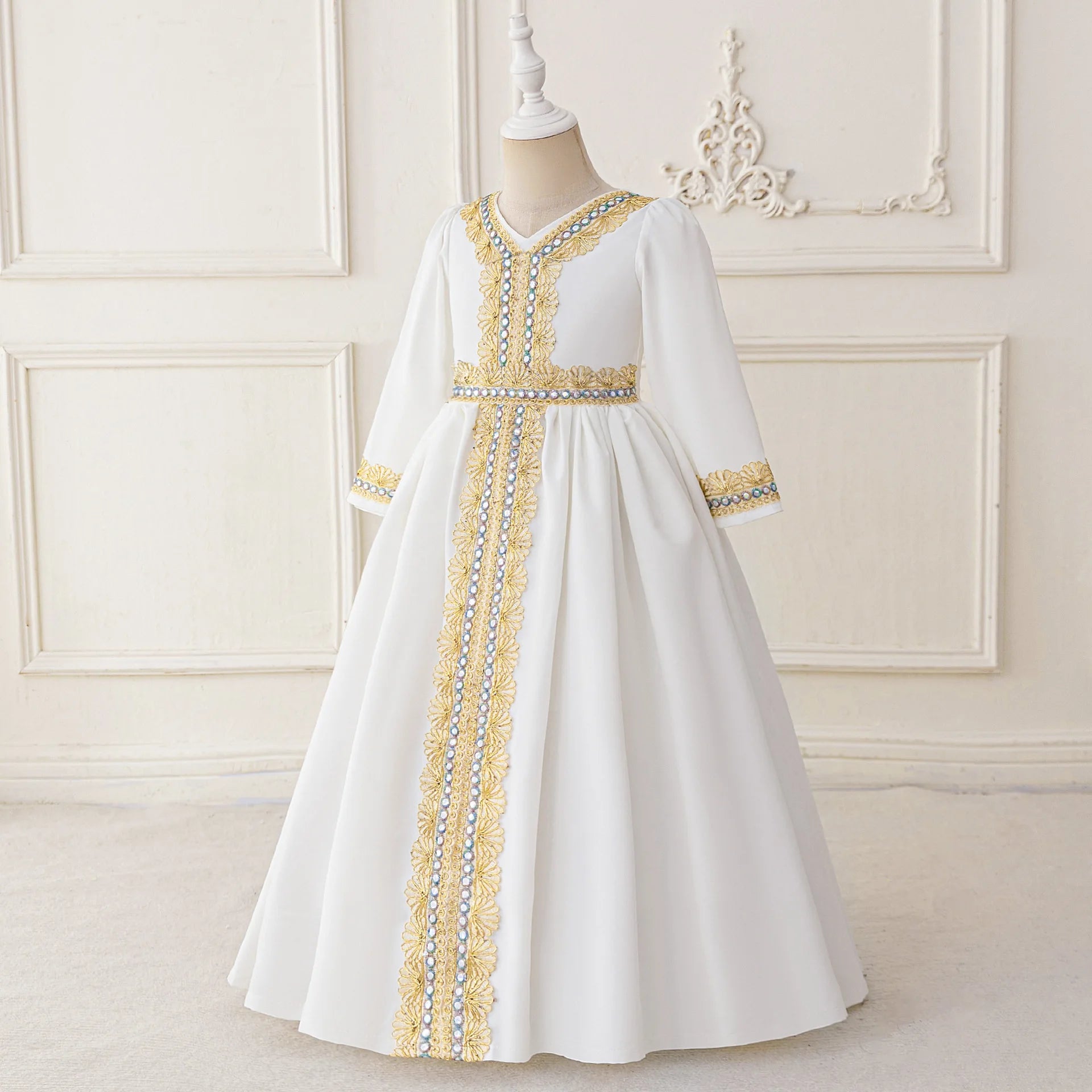 Middle Eastern Arabian Kids Robe Splice Embroidered Belt Dress Muslim Long Sleeve Abayas Dubai Islam Girls Lace Dress Party Gown