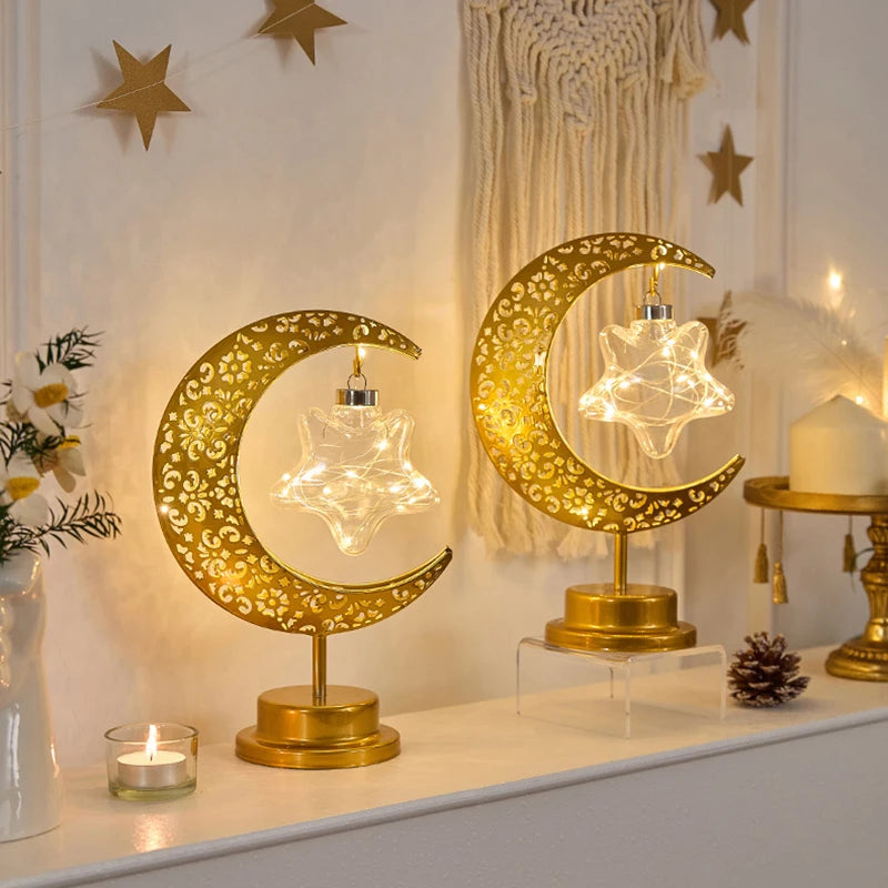Ramadan Crescent Moon and Star Night Light Creative Eid Mubarak Led Light Islamic Muslim Desktop Decor Eid Party Supplies