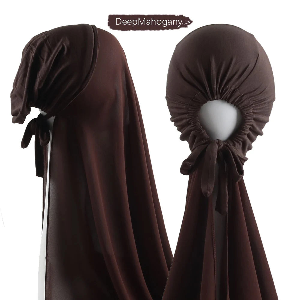 Muslim Instant Hijab Women Bonnet with Chiffon Shawl Head Scarf Cap Inner Headband Stretch Hijab Cover Headwrap Turbante