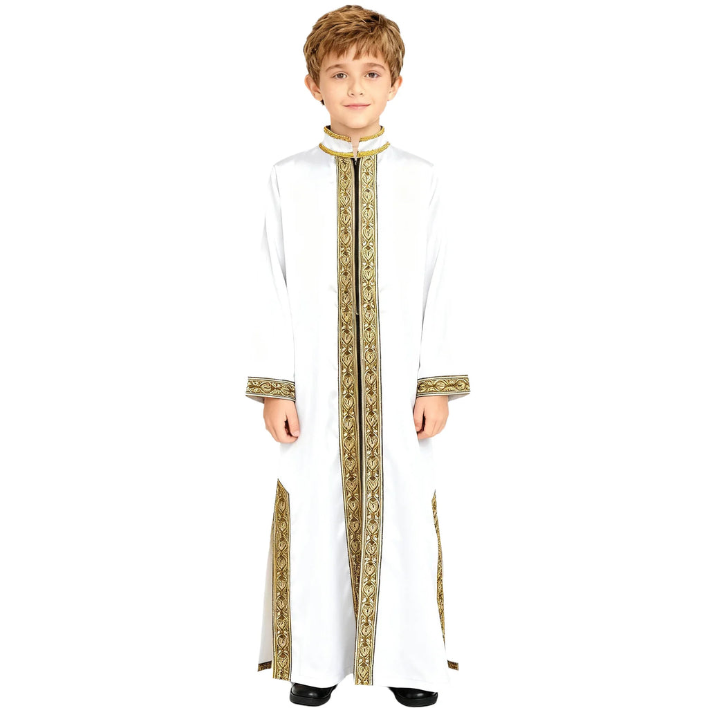 Boys Islamic Robe Kaftans Arab Gown Long Sleeves Slit Zipper Gold Embroidery Maxi Muslim Thobe Kids Festival Holiday Costume