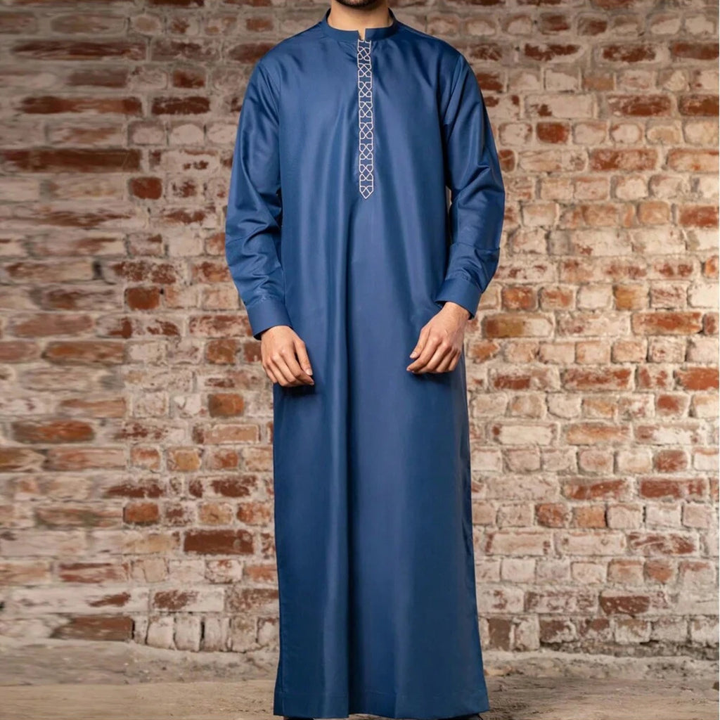 Men's Islamic Loose Abaya Long Sleeve Embroidered Stand Collar Arabic Style Traditional Muslim Jubba Thobe for Party