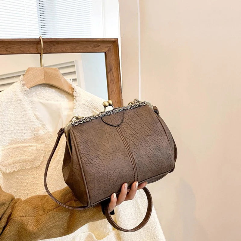 Fashion Women Clip Bags PU Leather Tote Handbag Female Kiss Lock Bag Luxury Vintage Crossbody Purse Bags Messenger Bag for Women