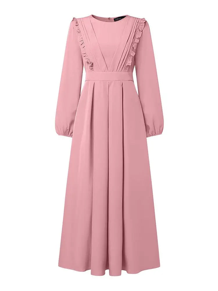 Dresses Modest Ruffles Trim O-Neck Lantern Sleeve Tied-Back Maxi Dress Muslim Woman Clothes 3XL
