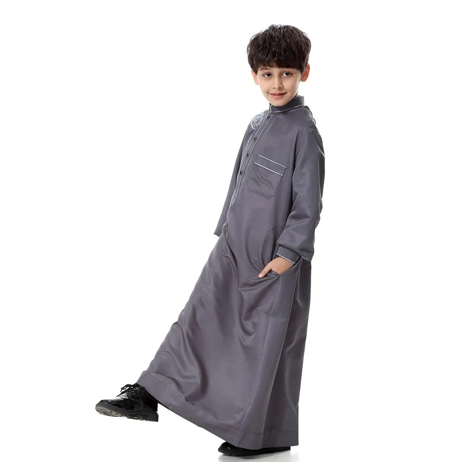 2025 New Kids Robe Children Embroidery Outfit Boys Ramadan Thawb Teens Long Sleeve National Clothes Arab Muslim Thobe 5-12 Years