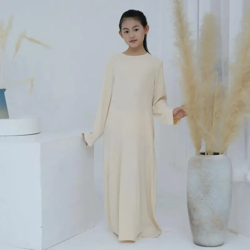Muslim Kids Abaya Middle East Arab Children Long Sleeves Plain Color Dress Turkey Robe Islamic Girls Round Neck Clothing Modest