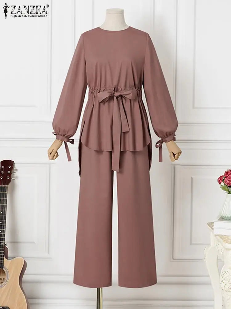 ZANZEA Muslim Women Matching Sets Long Sleeve Solid Color Tops And Loose Pant Suits Elegant Fashion Casual Tracksuit Kaftan