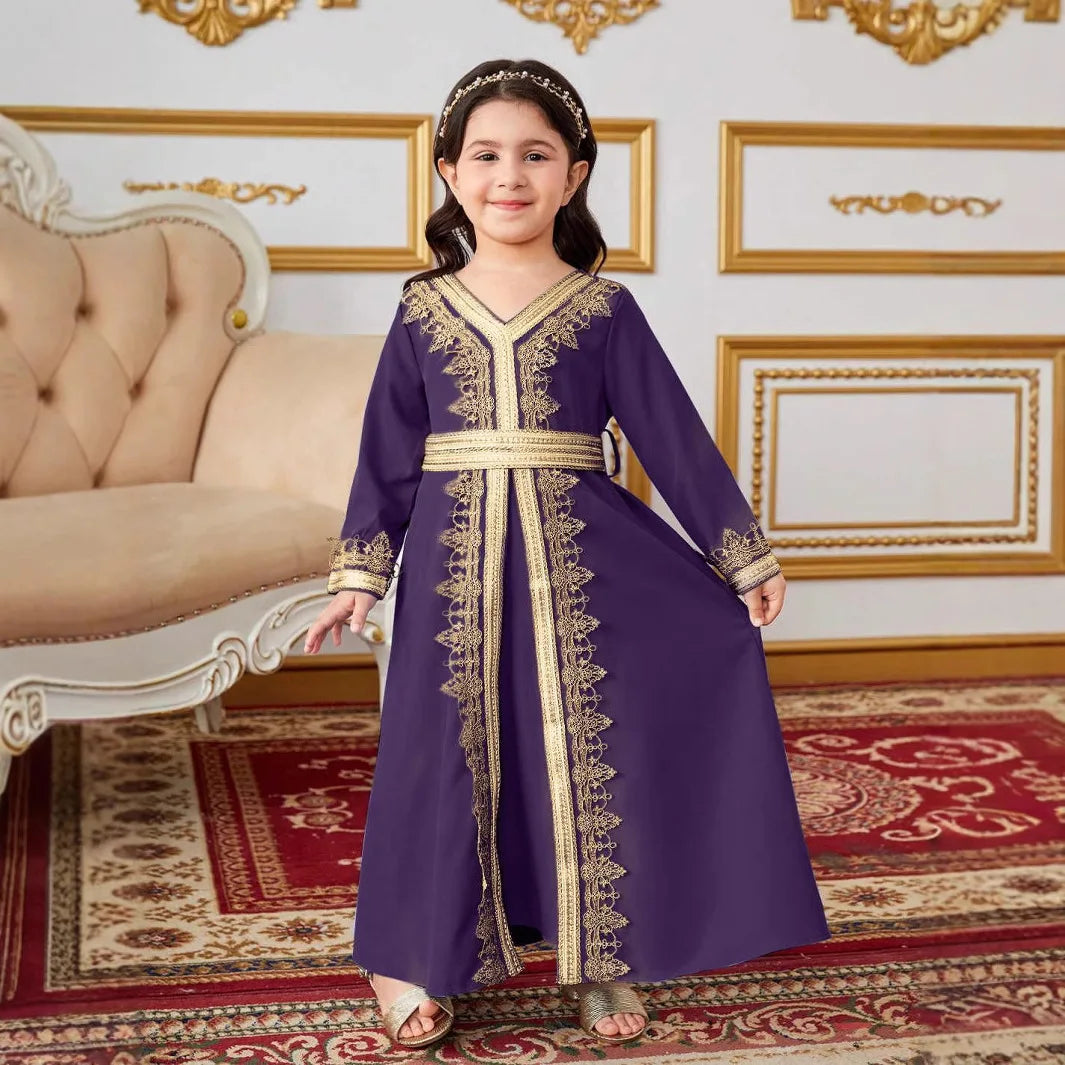 New Girl Ethnic Kaftan Dress Fashion Muslim Child Lace With Bow Belt Long Sleeves Dubai Banquet Gown Dress