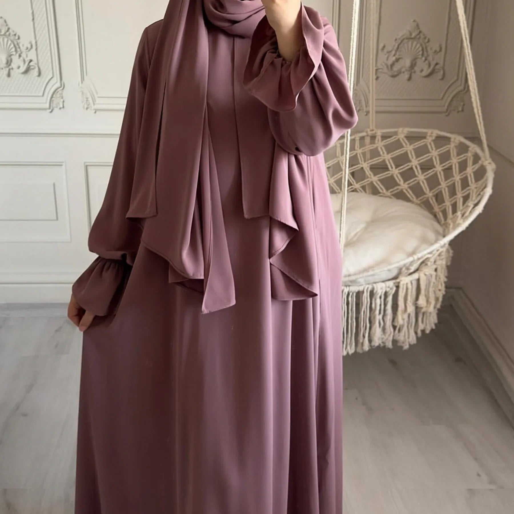 Eid Abaya with Integrated Hijab Scarf Zipper Front Islamic Jilbab One Piece Muslim Women Dress Prayer Clothes Dubai Ramadan