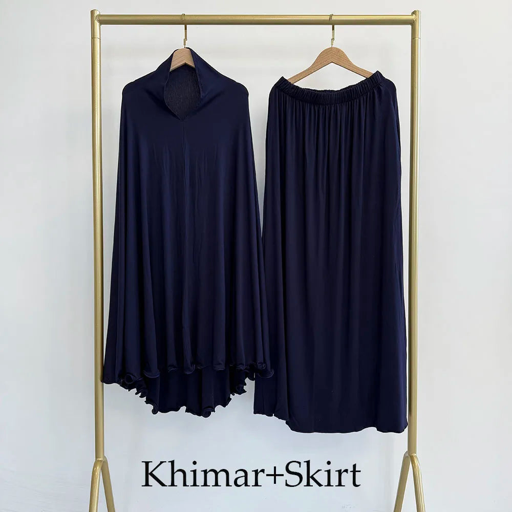 Cotton Jersey Prayer Set Stretchy EID Ramadan Islam Muslim Women Satin Rope Instant Hijab Khimar Skirt Pockets 2 Piece Jilbab