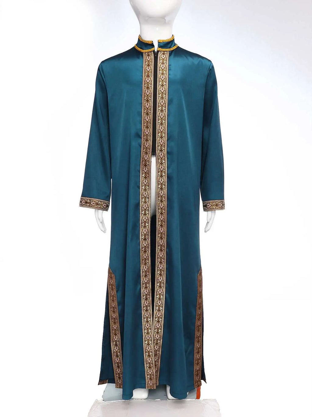 Boys Islamic Robe Kaftans Arab Gown Long Sleeves Slit Zipper Gold Embroidery Maxi Muslim Thobe Kids Festival Holiday Costume