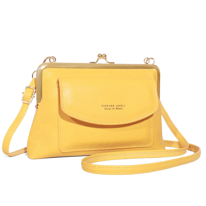 Women's Elegant PU Leather Clutch Wallet, Modern Kiss Lock & Zipper Design, Crossbody Bag With Adjustable Strap