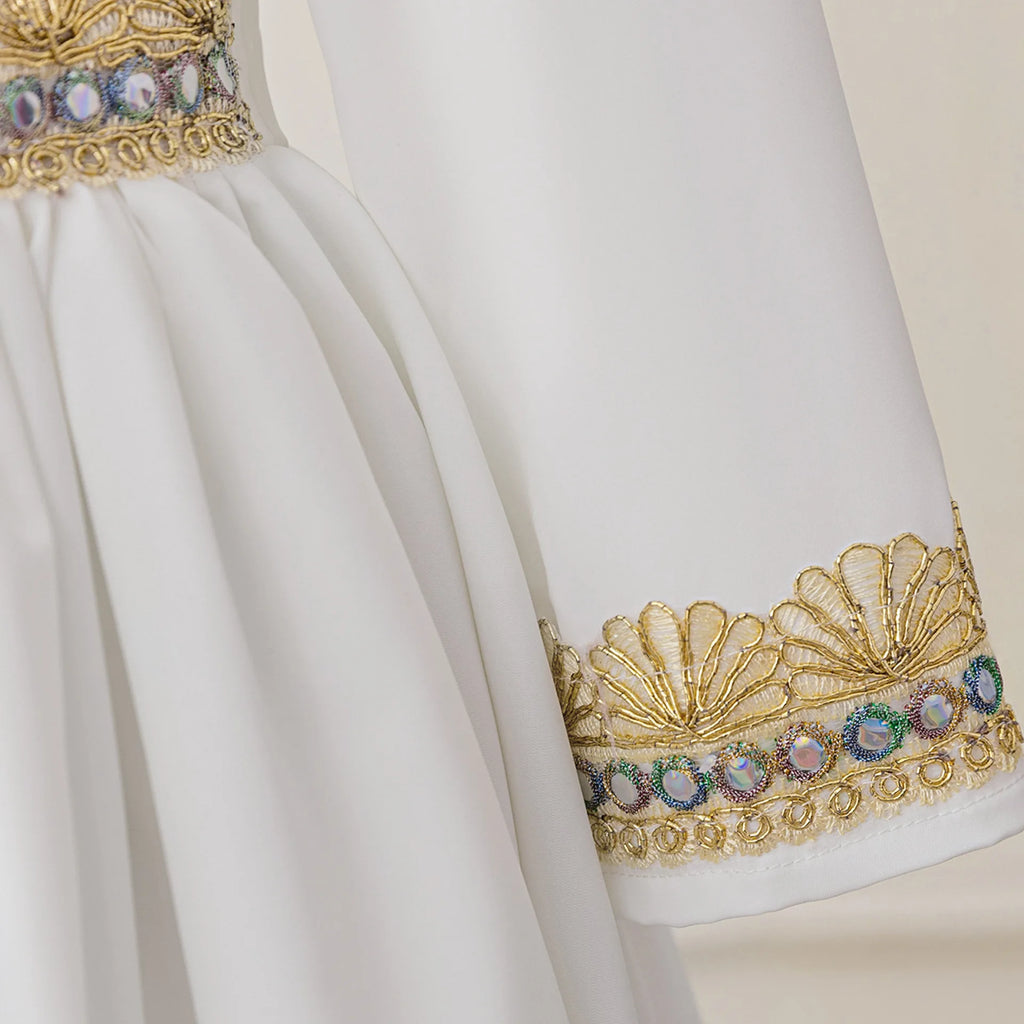 Middle Eastern Arabian Kids Robe Splice Embroidered Belt Dress Muslim Long Sleeve Abayas Dubai Islam Girls Lace Dress Party Gown