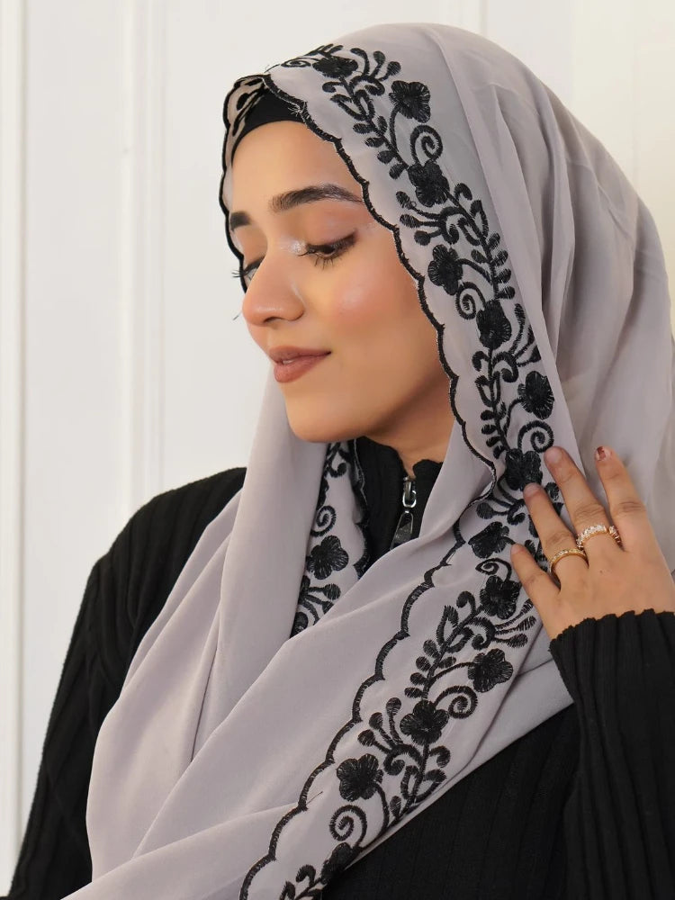 Embroidery Lace Chiffon Hijabs for women Vine Heavy Pearl Industry Edge Long Scarf Light Scarf Headscarf Shawl Turban Ramadan