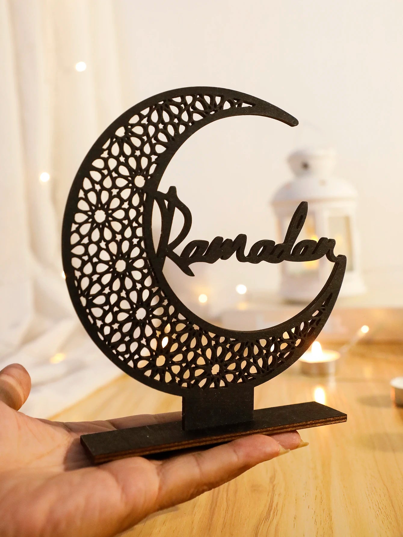 Eid Mubarak Wooden Moon Ornaments，Black Ramadan Kareem muslim decor ，Happy Ramadan Table decorations，Islamic Festival Decoration