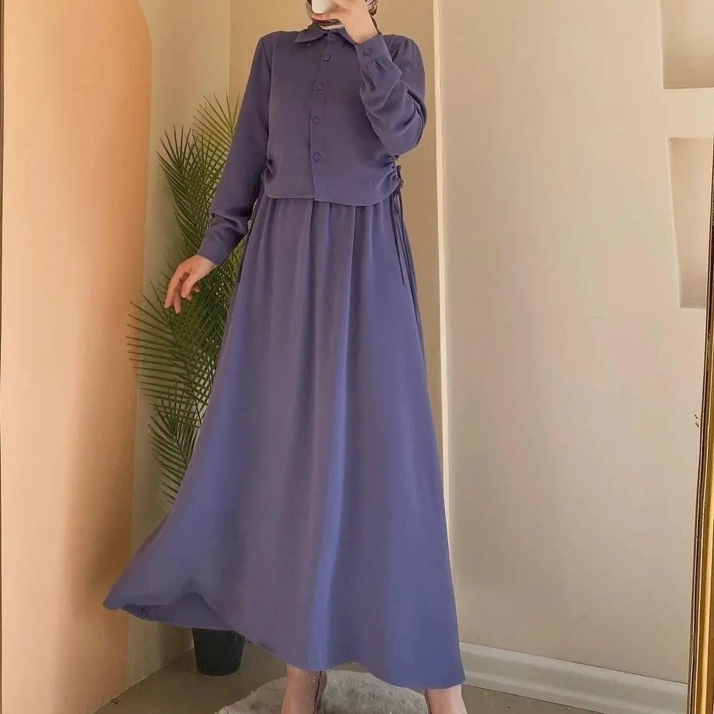Fashionable Long Sleeve Midi Skirt Set New Arrival Two Piece Women's Clothing Spring  Detail PVC Fabric Casual Outfit