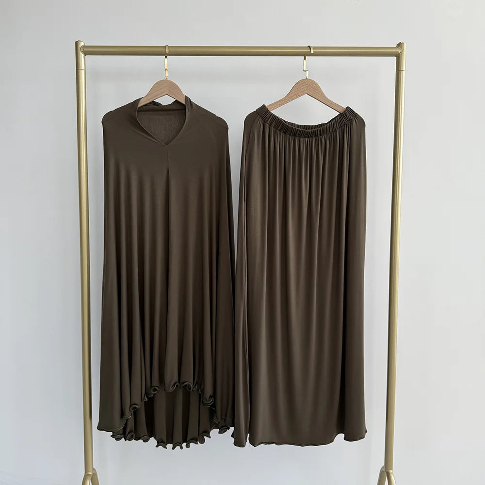 Cotton Jersey Prayer Set Stretchy EID Ramadan Islam Muslim Women Satin Rope Instant Hijab Khimar Skirt Pockets 2 Piece Jilbab