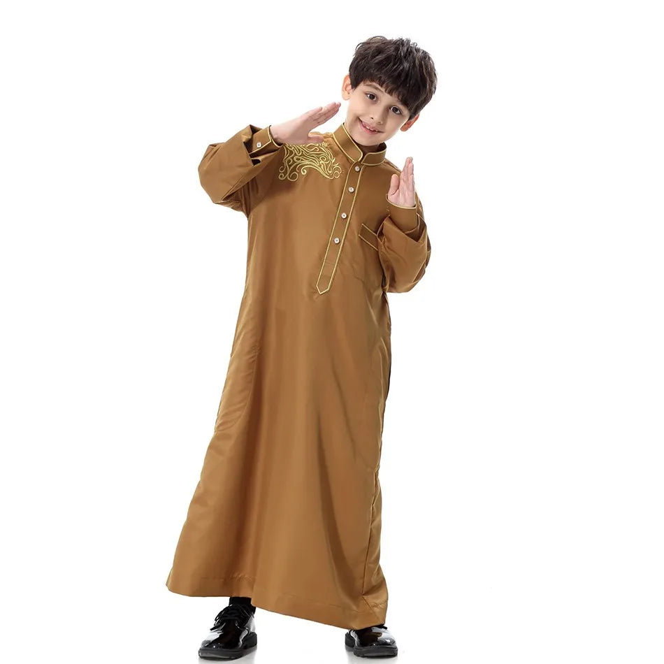 2025 New Kids Robe Children Embroidery Outfit Boys Ramadan Thawb Teens Long Sleeve National Clothes Arab Muslim Thobe 5-12 Years
