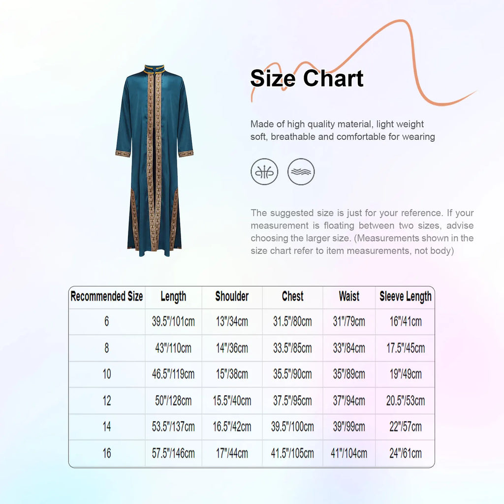 Boys Islamic Robe Kaftans Arab Gown Long Sleeves Slit Zipper Gold Embroidery Maxi Muslim Thobe Kids Festival Holiday Costume