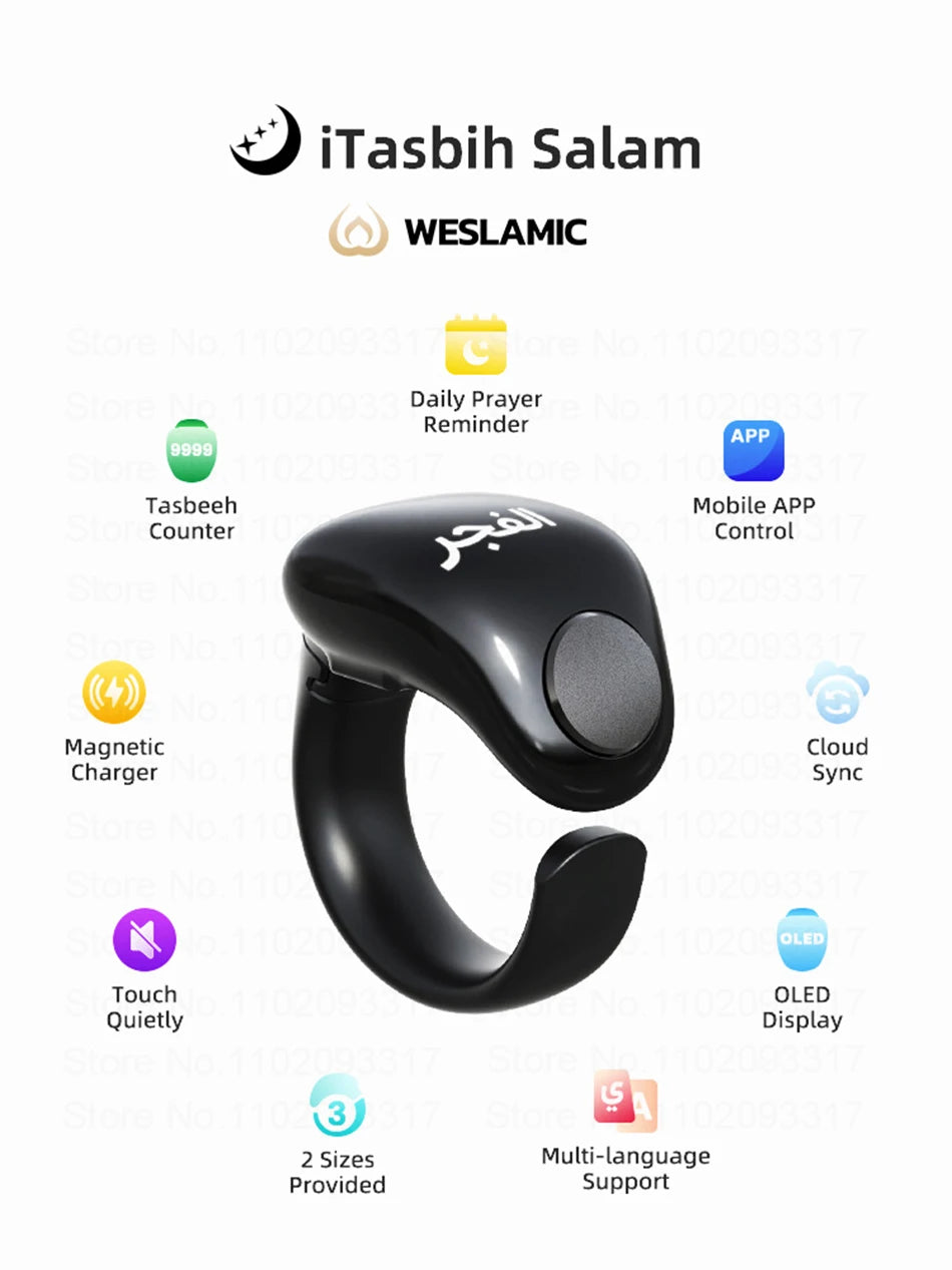 Weslamic Smart Tasbeeh Zikr Ring Islamic Tally Digital Counter for Muslims Praise Prayer Reminder Magnetic Charging Waterproof