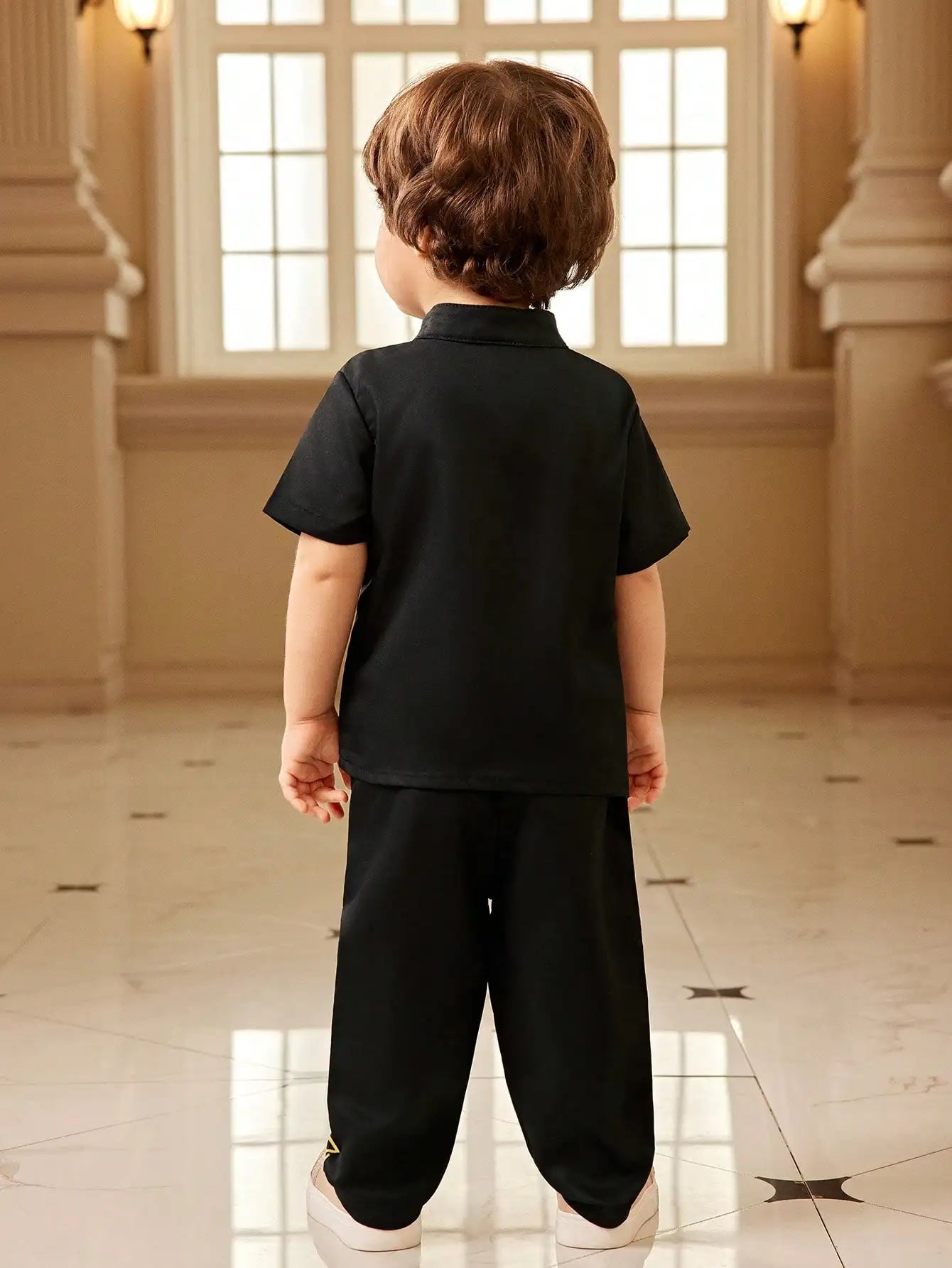 Middle Eastern Style Traditional Suit Summer Black Short Sleeve Trousers Yellow Print Cute Lively Comfortable Fashion Baby Boy