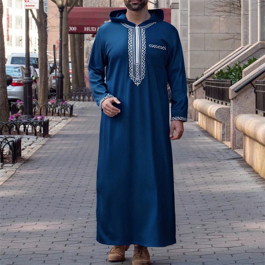 Men's Hooded Ramadan Robe Kaftan Muslim Thobe Long Sleeve Embroidered Islamic Casual Loose Dress for Saudi Arabia