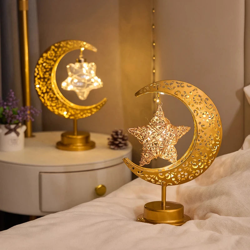 Ramadan Crescent Moon and Star Night Light Creative Eid Mubarak Led Light Islamic Muslim Desktop Decor Eid Party Supplies