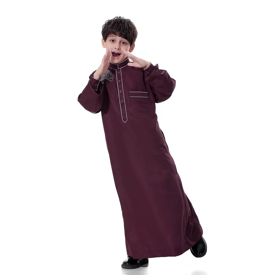 2025 New Kids Robe Children Embroidery Outfit Boys Ramadan Thawb Teens Long Sleeve National Clothes Arab Muslim Thobe 5-12 Years