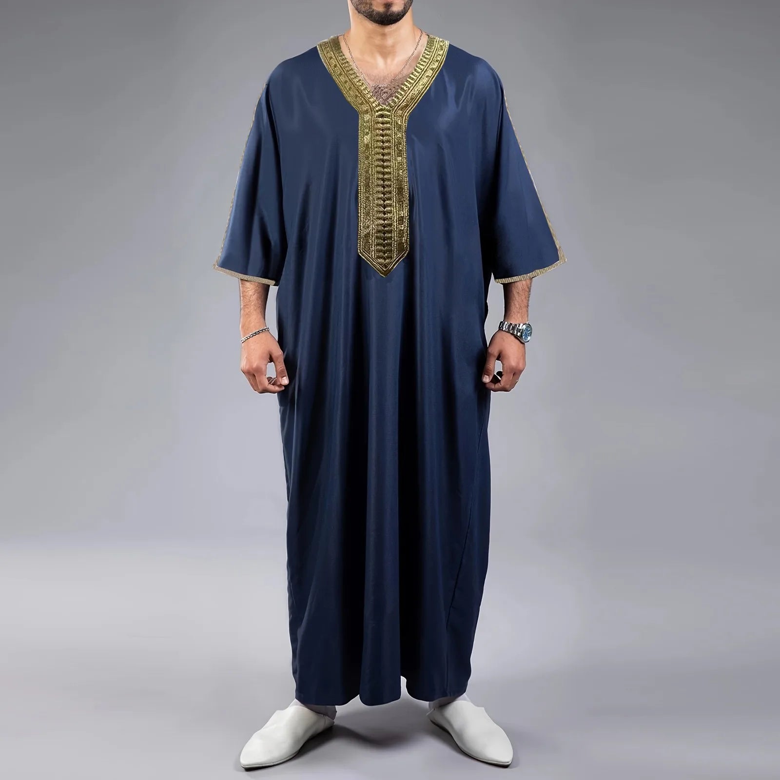 Men's Long Sleeve Muslim Robe Arab Middle Eastern Style Embroidered Loose Fit Casual Prayer Shirt for Spring And Summer