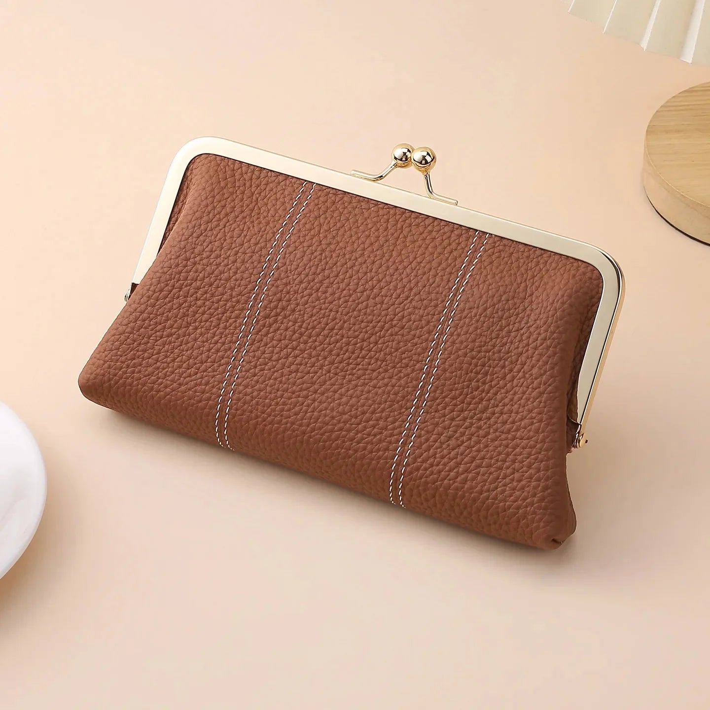 Genuine Leather Ladies Multi-Functional Clip-On Wallet Long Dinner Bag Lychee Pattern Top Layer Cowhide Handbag Soft Shell