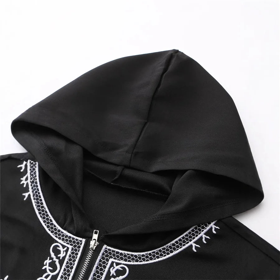 Men's Hooded Ramadan Robe Kaftan Muslim Thobe Long Sleeve Embroidered Islamic Casual Loose Dress for Saudi Arabia