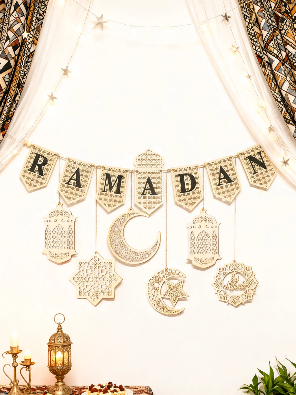 Ramadan Kareem Wooden Banner Garland - Islamic Moon Star Lantern Hanging Decor for Muslim Festival Home Party Wall Ornament Gift