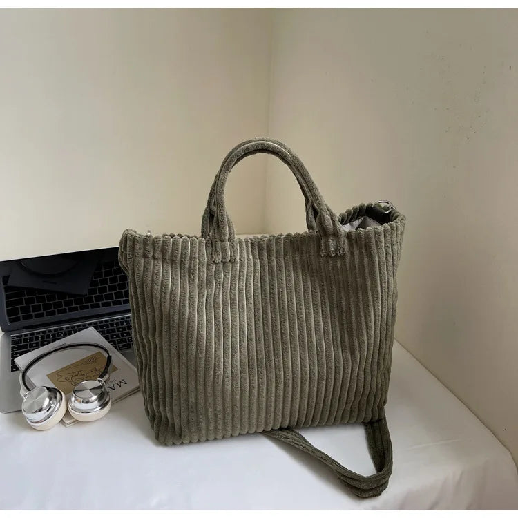 Large Capacity Striped Velvet Handbag Shoulder Bag for Woman Handbags Crossbody Bags, Versatile Letter Corduroy Women's Tote Bag