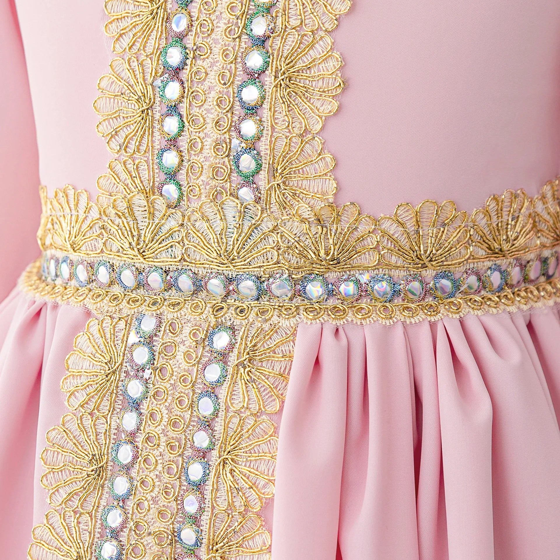 Middle Eastern Arabian Kids Robe Splice Embroidered Belt Dress Muslim Long Sleeve Abayas Dubai Islam Girls Lace Dress Party Gown