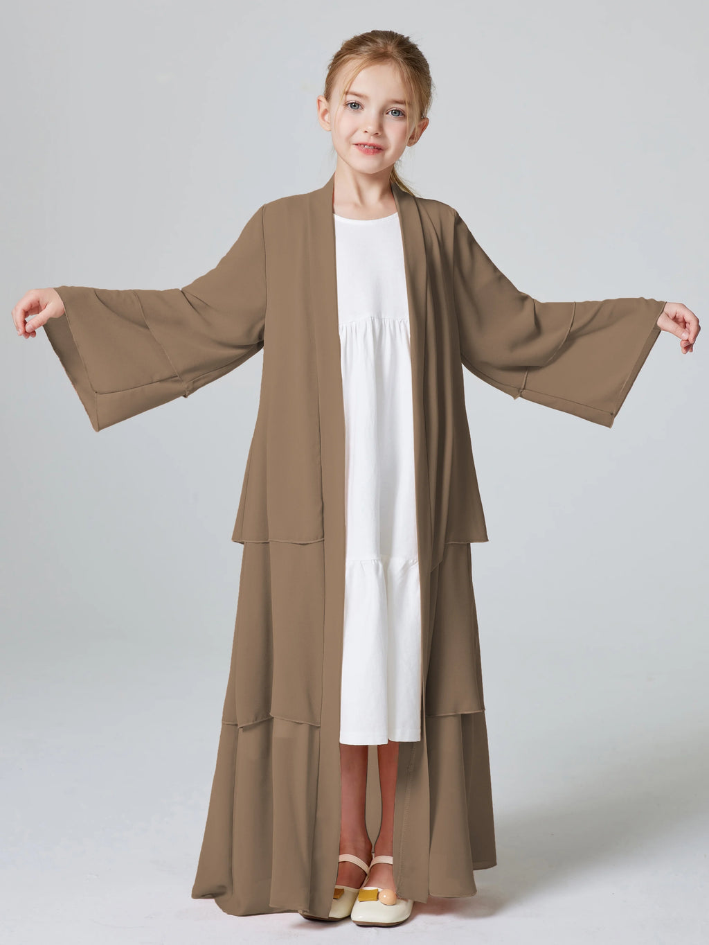 Ramadan Kebaya Muslim Girls Abaya 3 Layered Chiffon Kids Abaya Dress Open Front   Outerwear (Without Hijab)
