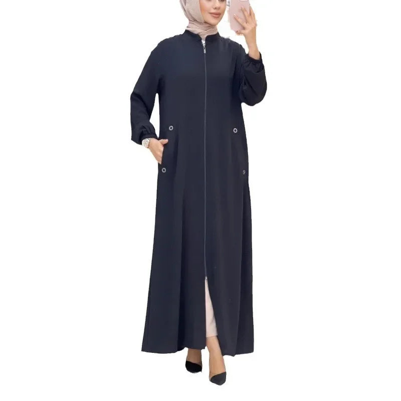 Middle East Dubai New Hot Sale Of The Season Women's Fashion Stand Collar Zipper Pocket Loose Casual Dress Gown Comfortable Eleg