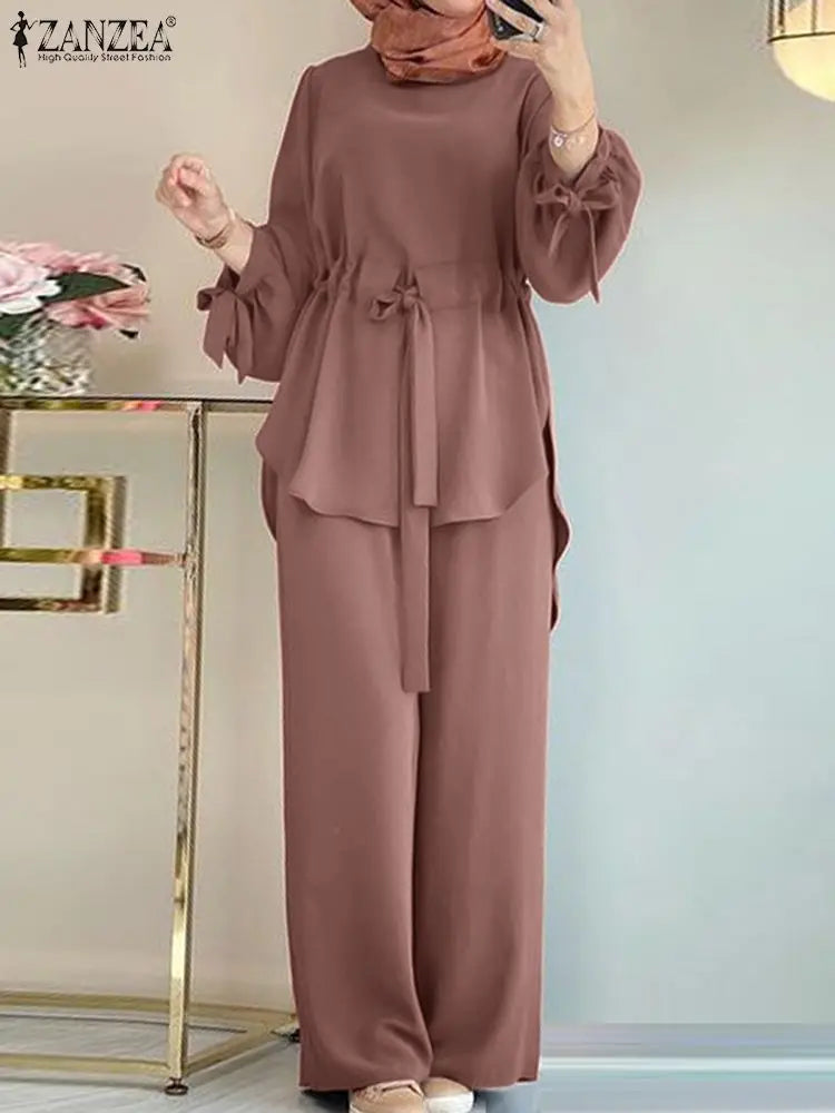 ZANZEA Muslim Women Matching Sets Long Sleeve Solid Color Tops And Loose Pant Suits Elegant Fashion Casual Tracksuit Kaftan