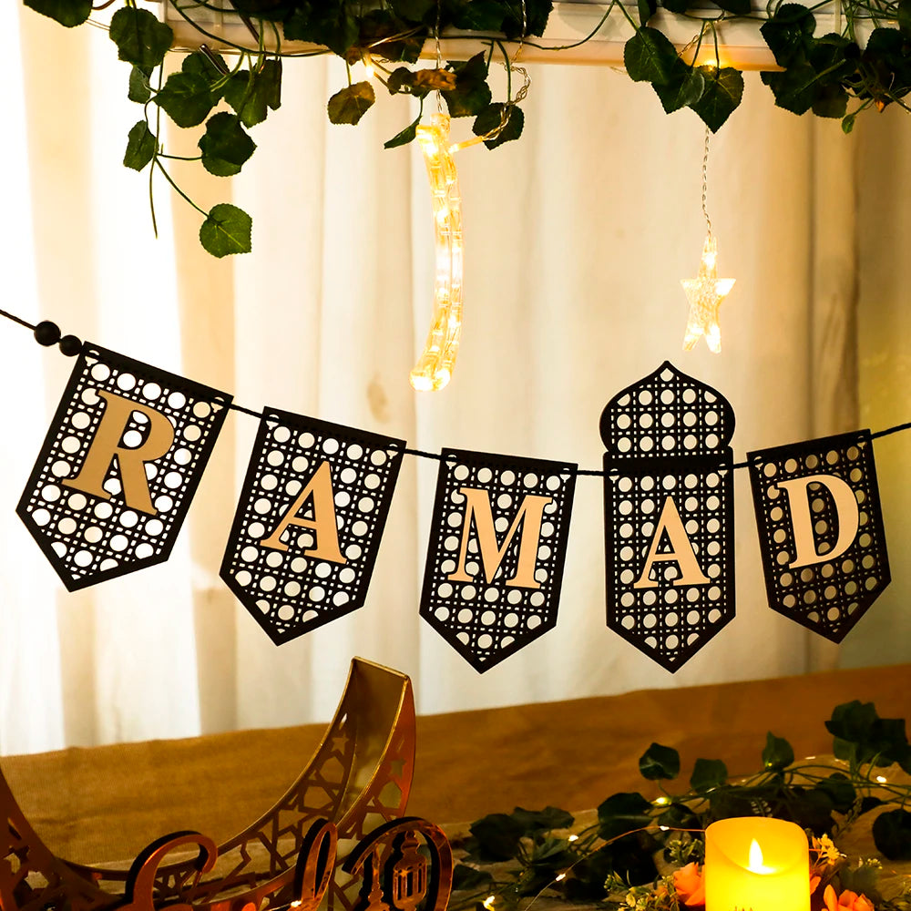 Ramadan Mubarak Banner - Hollow Lantern Hanging Garland for Islamic Muslim Eid Festival Home Party Ornament Wall Decor Supplies