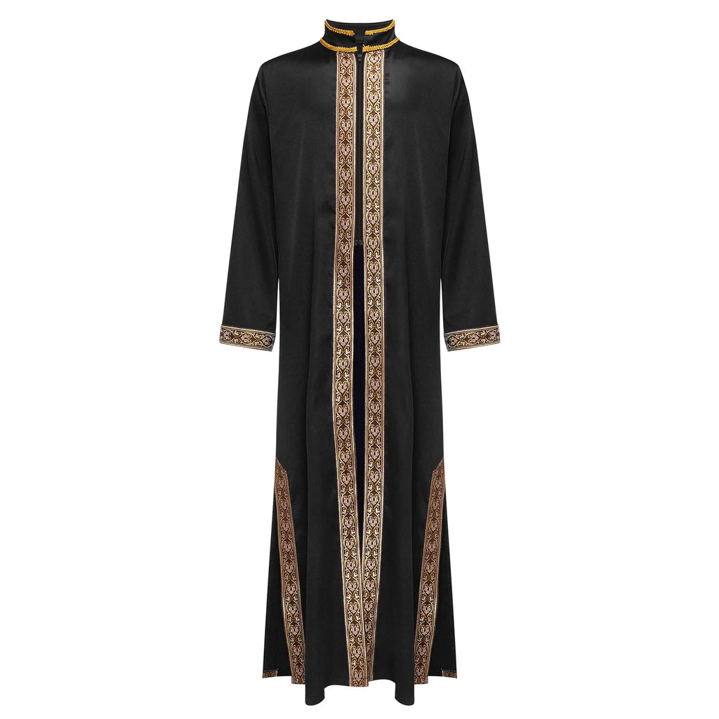 Boys Islamic Robe Kaftans Arab Gown Long Sleeves Slit Zipper Gold Embroidery Maxi Muslim Thobe Kids Festival Holiday Costume