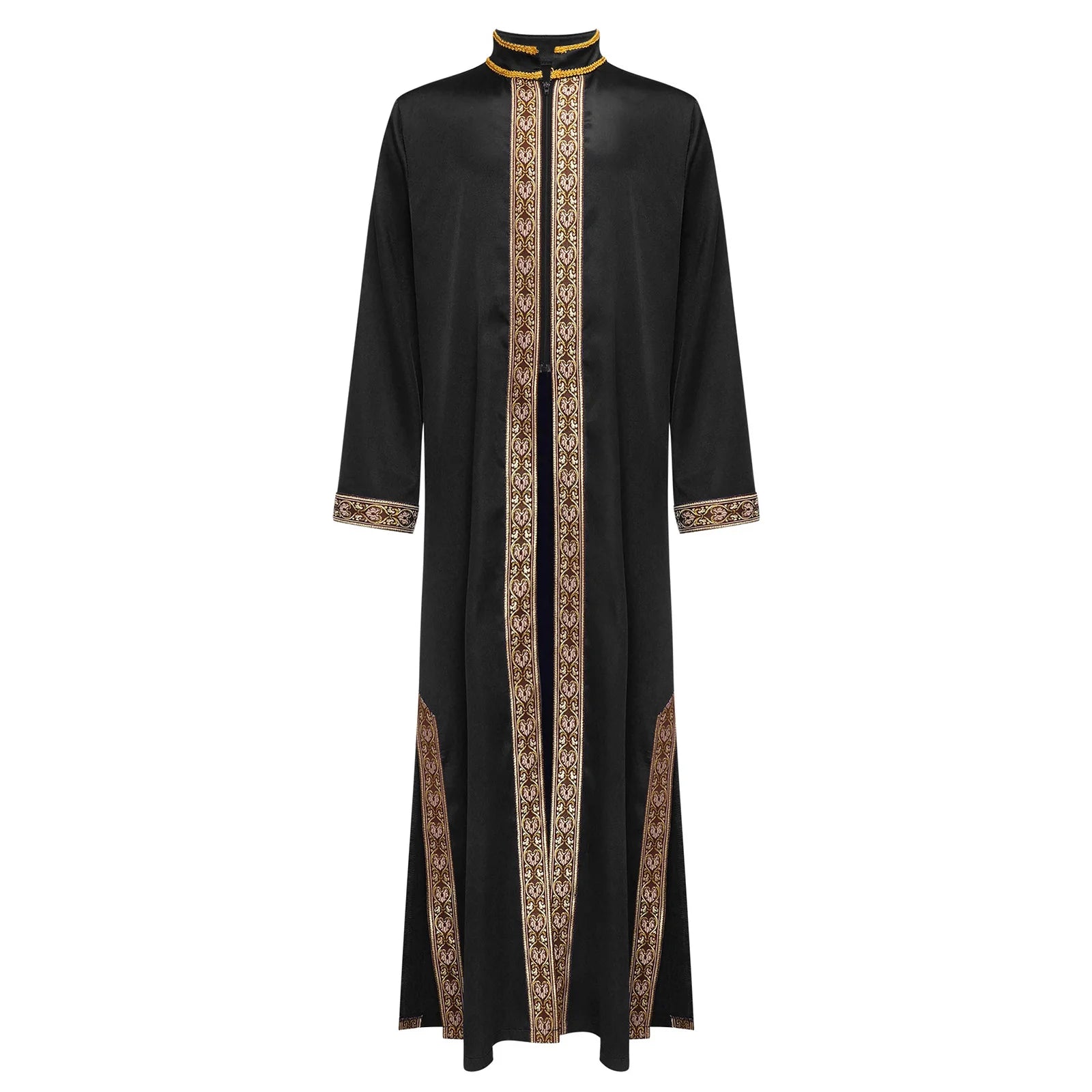 Boys Islamic Robe Kaftans Arab Gown Long Sleeves Slit Zipper Gold Embroidery Maxi Muslim Thobe Kids Festival Holiday Costume