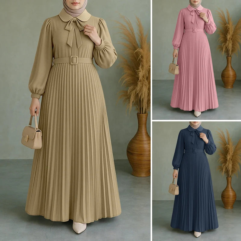 Dress Abaya Women Long Lantern Sleeve Pleated Sundress Belted Robe Femme Work Dresses
