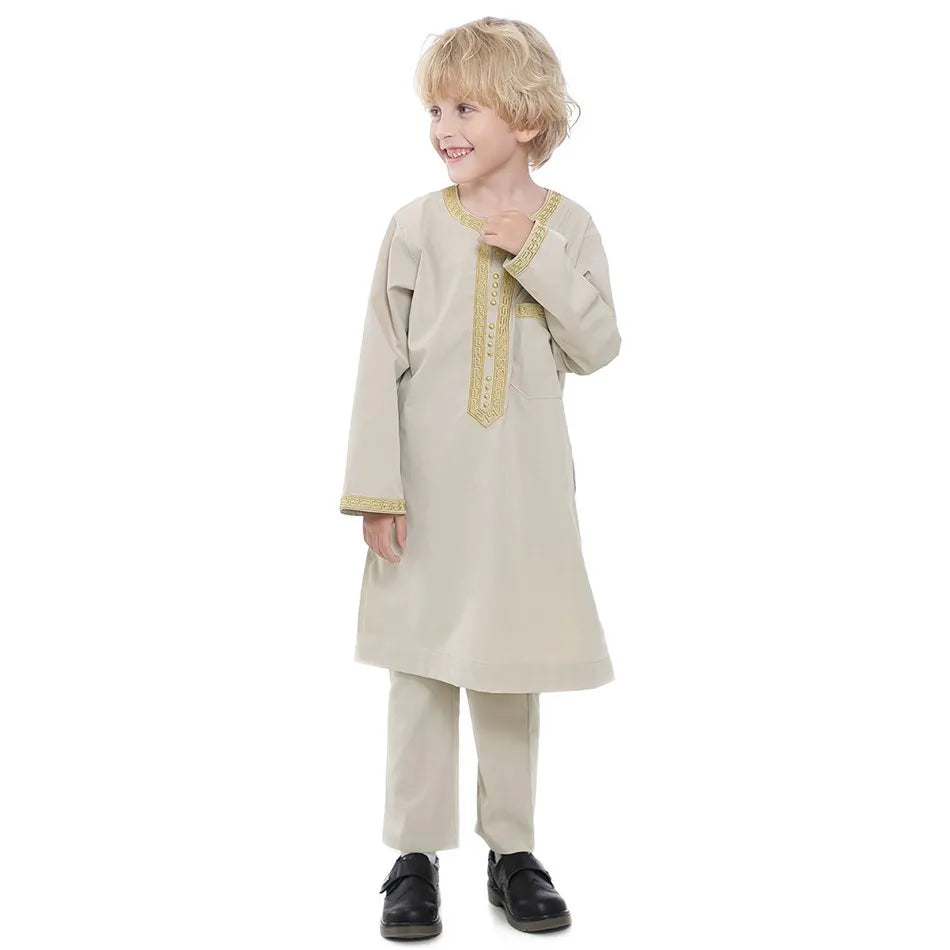 Ramadan Eid Muslim Boys Clothing Set Arab Thobe 2-Piece Outfit Long Sleeve Traditional for Kids Summer National Festival Costume